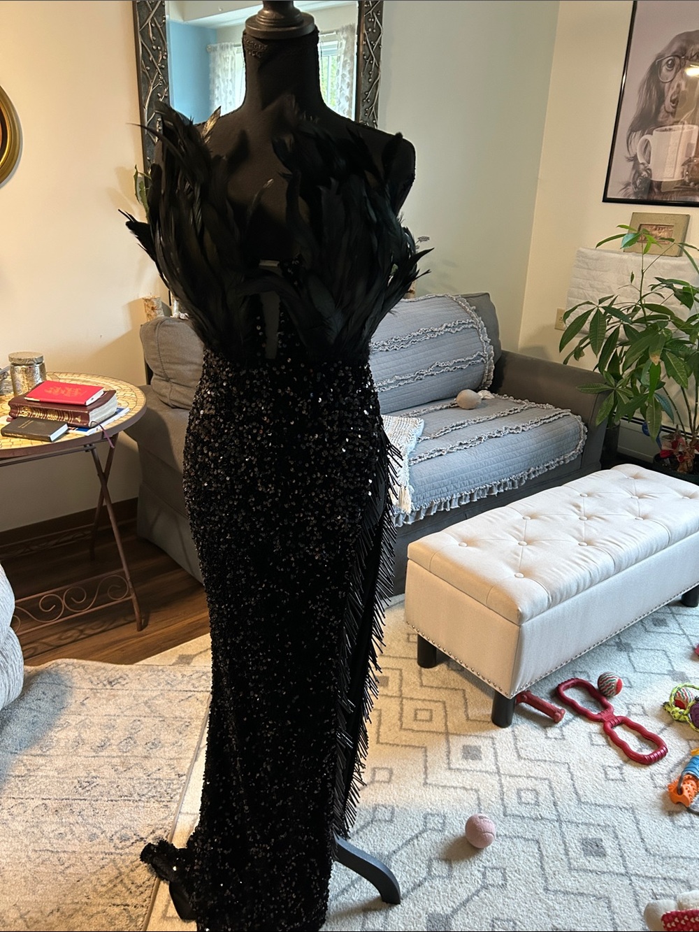 Fashion Nova Black Feather & Sequin Maxi Gown